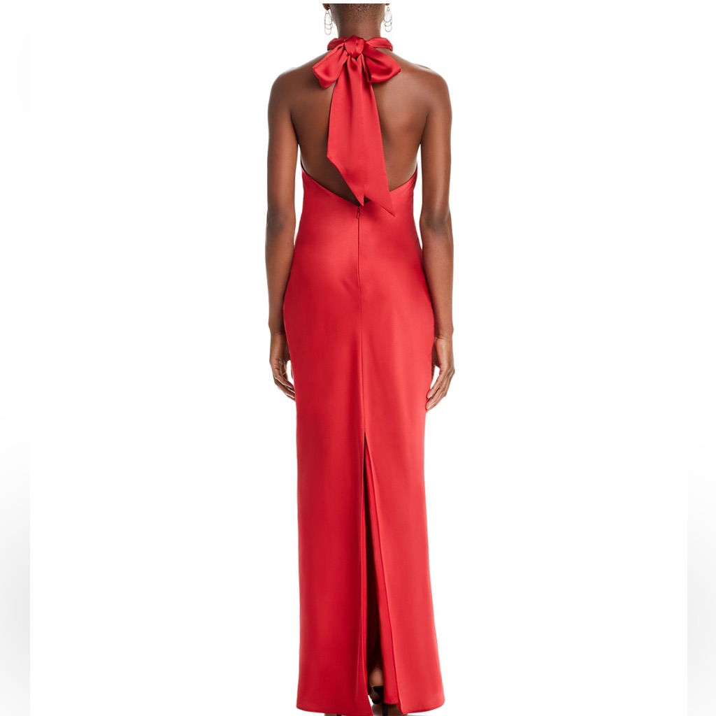 Tatiana Low-Cut Halter Column Gown In Soiree Red Color